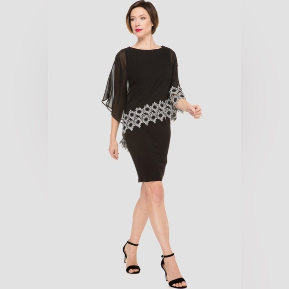 Joseph Ribkoff Dresses & Skirts - Joseph Ribkoff. Sheath Dress with Biased Cut Sheer Floral Trim Overlay. Size 6.